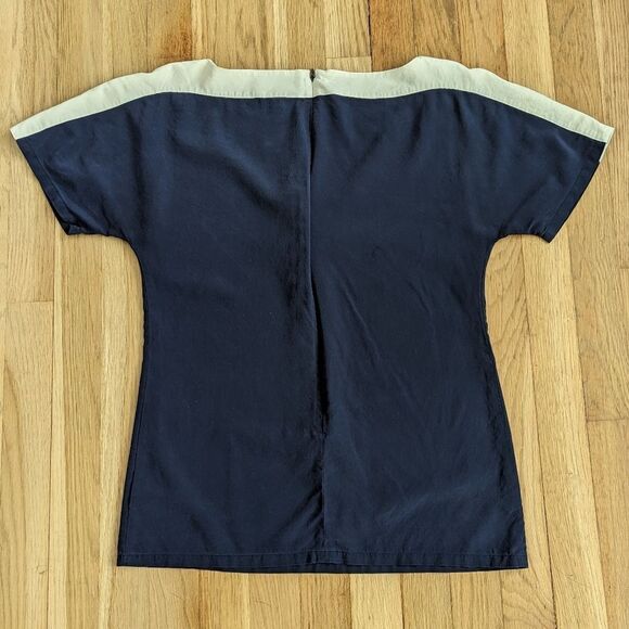 St. John Silk Blend Navy & Cream boatneck short sleeve blouse - Picture 2 of 4
